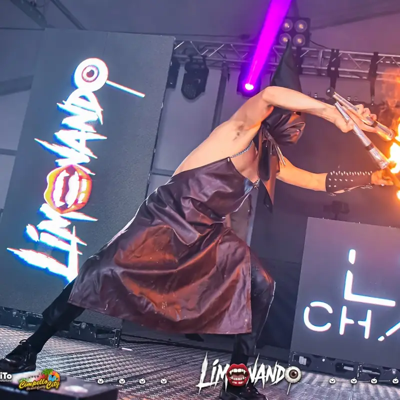 Fire show con performer e logo Limonando sul LED wall
